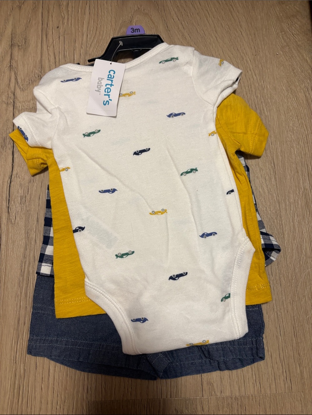 Carter's White Bodysuit with Small Car Prints & Yellow Top Set